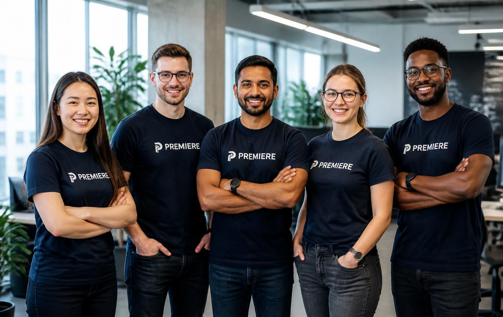 The Premiere Systems delivery team wearing branded PREMIERE shirts in the London studio