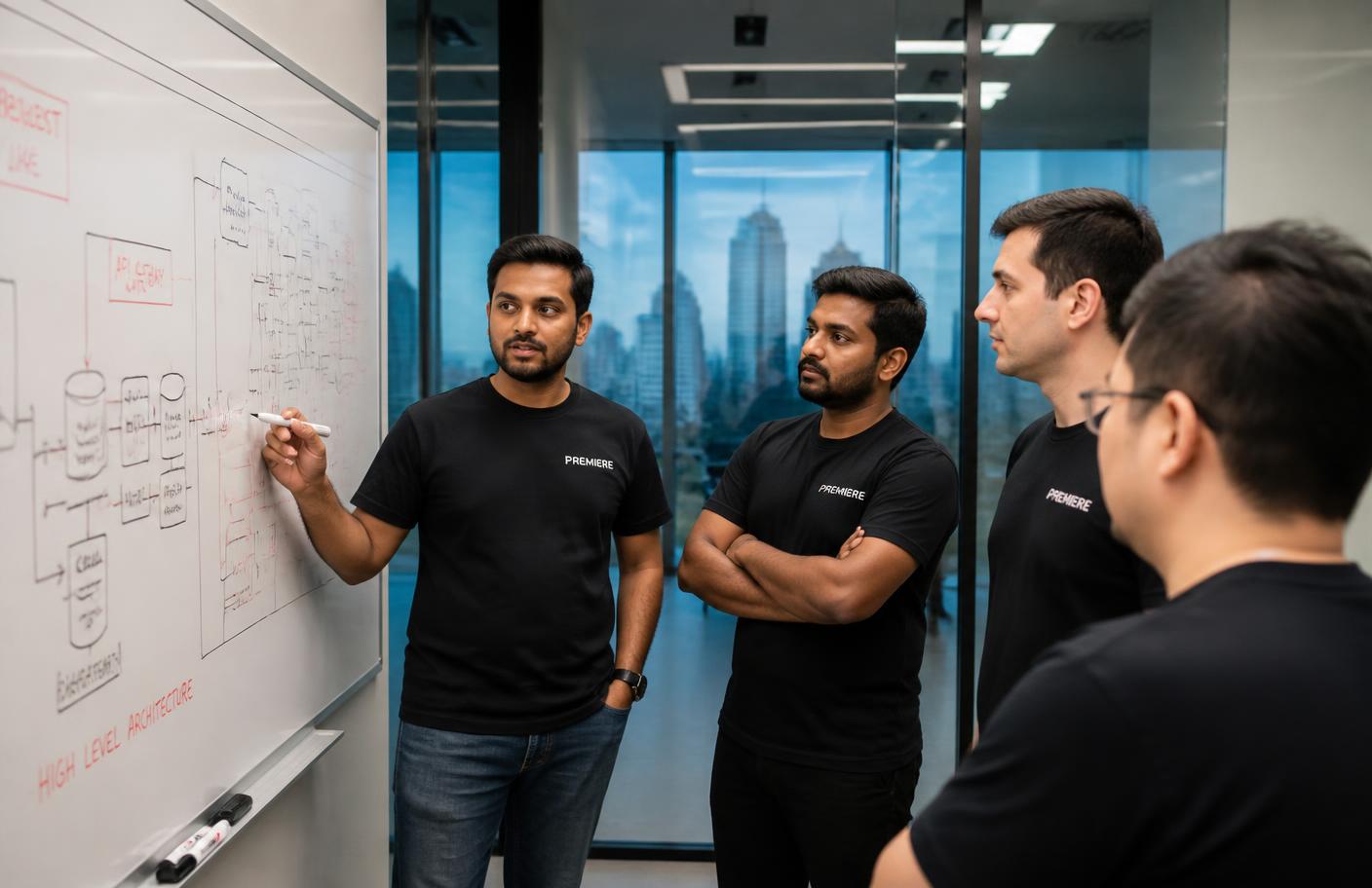 Premiere Systems architects reviewing a high level system architecture at the Bengaluru delivery centre